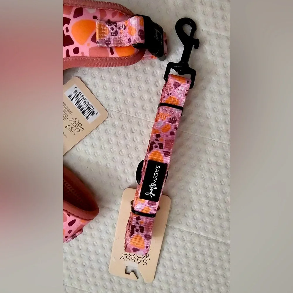 Size SMALL Sassy Woof Pink Mosaic Dog Harness, Collar & Leash Set
